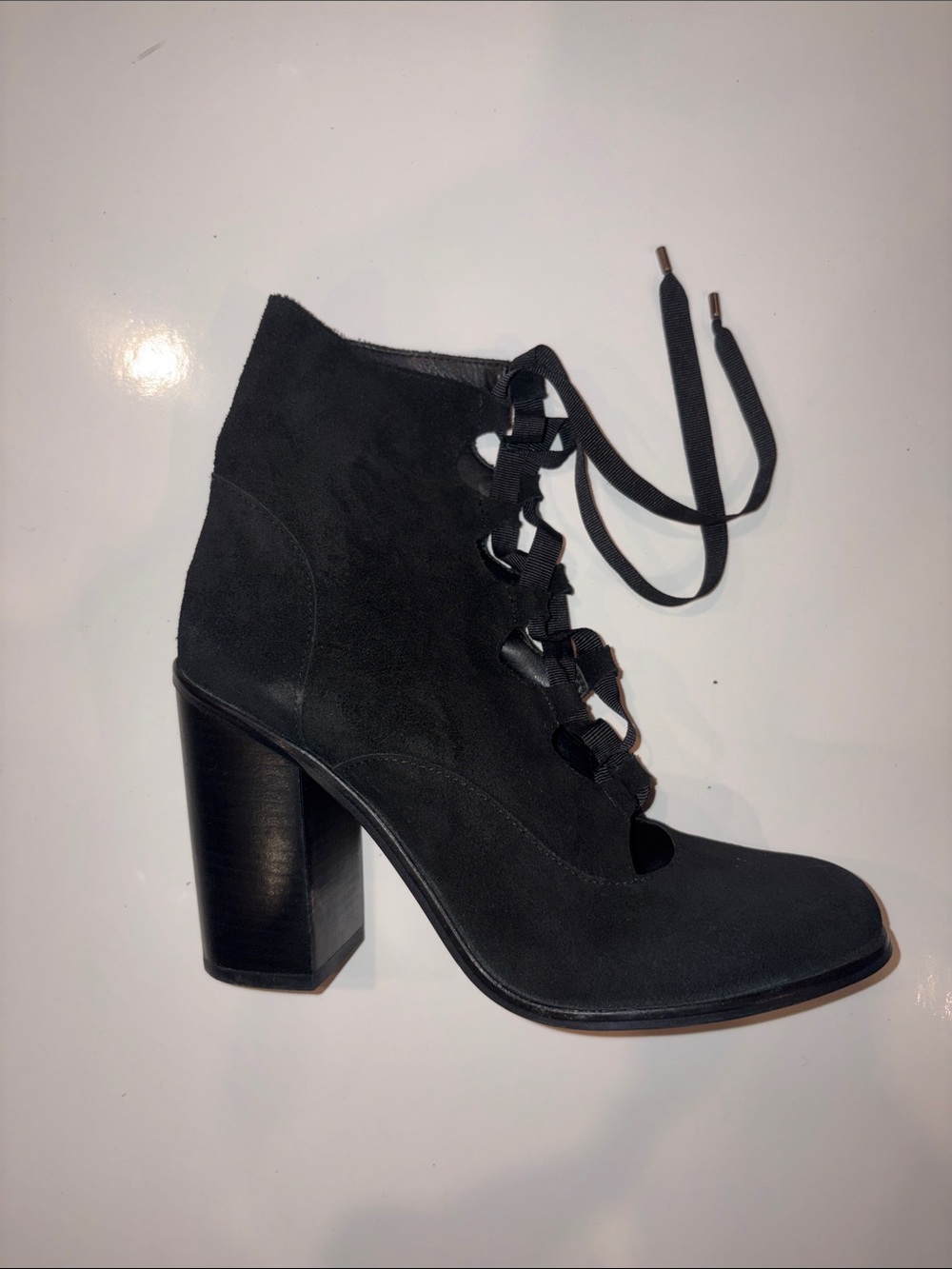 Topshop Black Lace-Up Suede Block Heel Ankle Boots Size 8